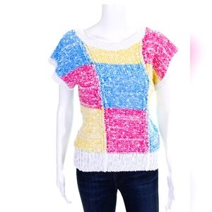 Naomi Bee Womens Cotton Color Block Knit Top White Blue Pink Yellow Size S